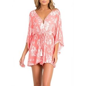 Mi Ami Romper Womens Size M pink Floral Print Bell Sleeves Tie Waist Fringe belt